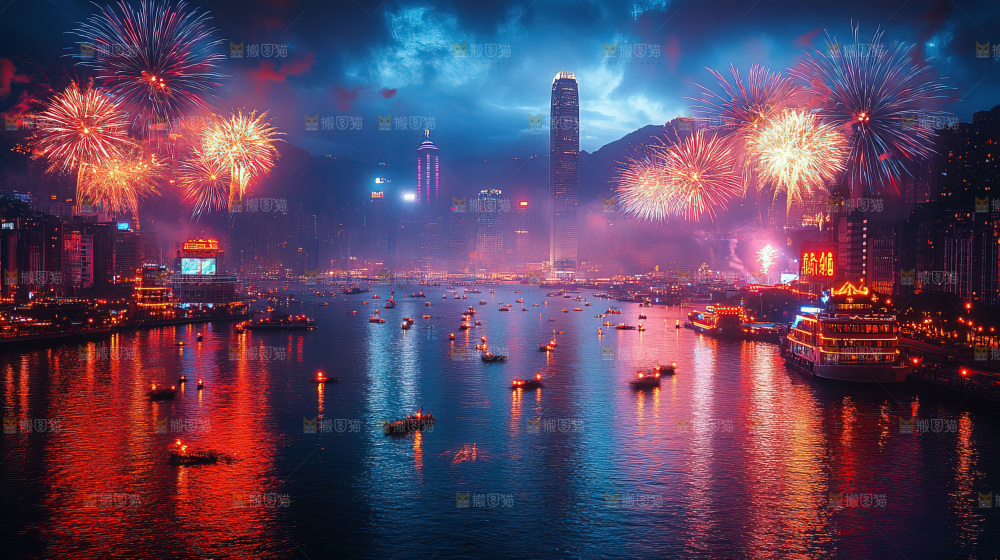 现代城市烟花夜景节日