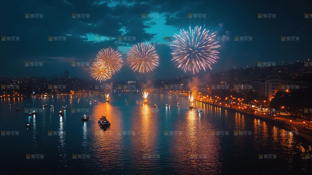 现代城市烟花夜景节日