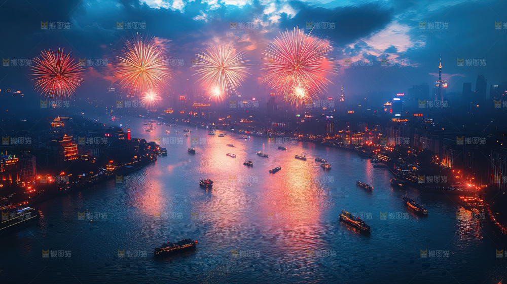 现代城市烟花夜景节日