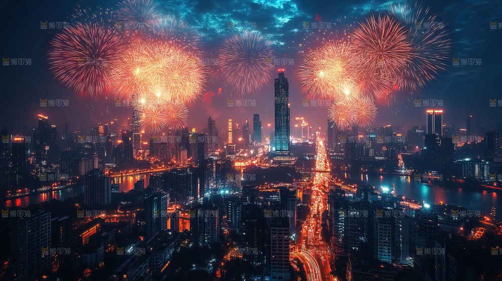 现代城市烟花夜景节日
