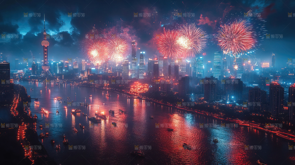 现代城市烟花夜景节日