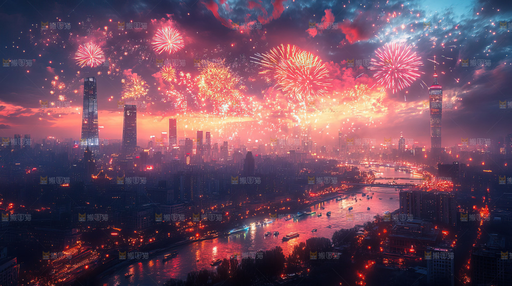 现代城市烟花夜景节日