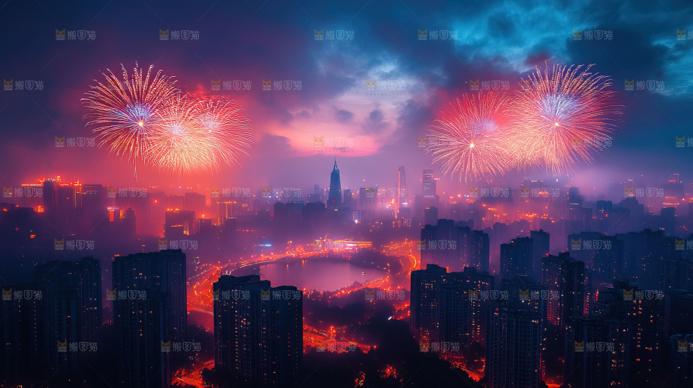 现代城市烟花夜景节日