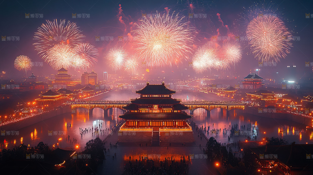 现代城市烟花夜景节日