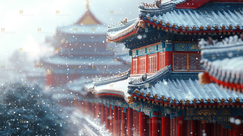 宫殿冬季飘雪新年传统建筑红墙