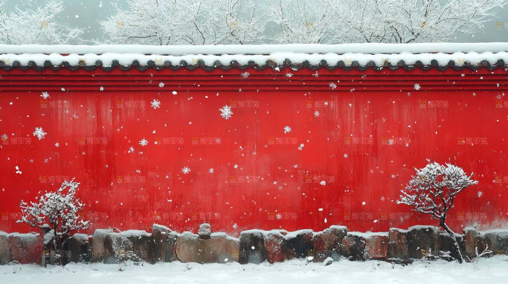 宫殿冬季飘雪新年传统建筑红墙