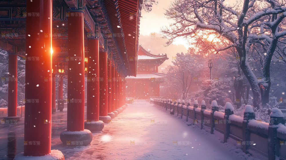 宫殿冬季飘雪新年传统建筑红墙