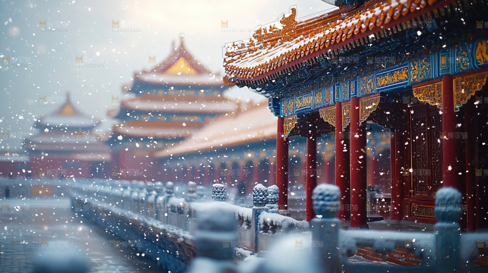 宫殿冬季飘雪新年传统建筑红墙