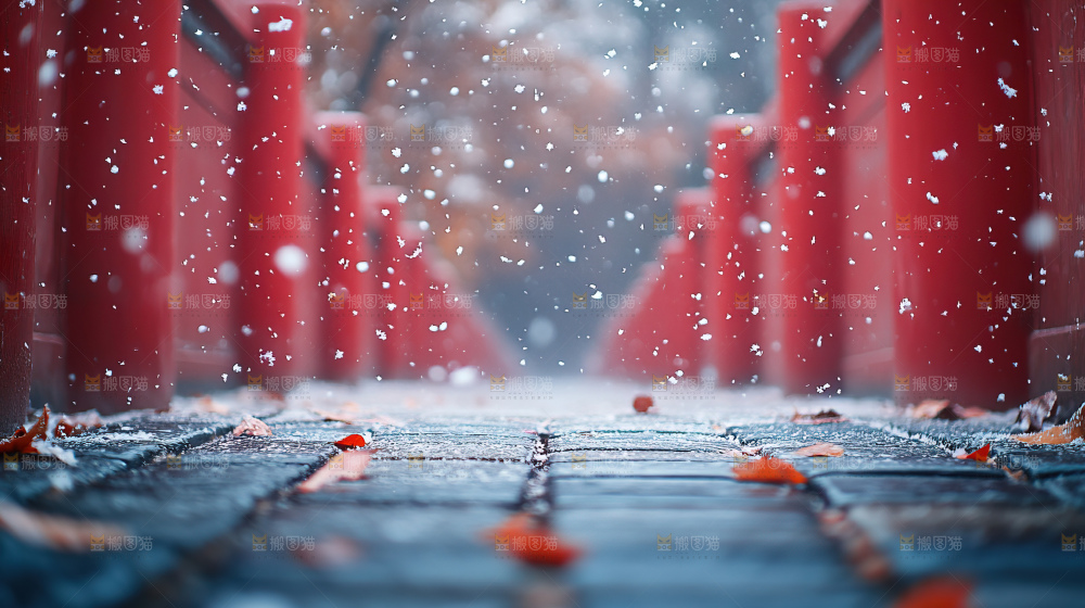 宫殿冬季飘雪新年传统建筑红墙