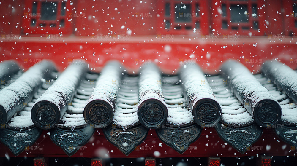 宫殿冬季飘雪新年传统建筑红墙