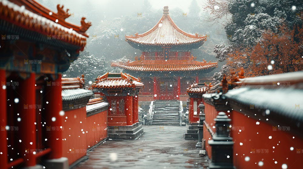 宫殿冬季飘雪新年传统建筑红墙