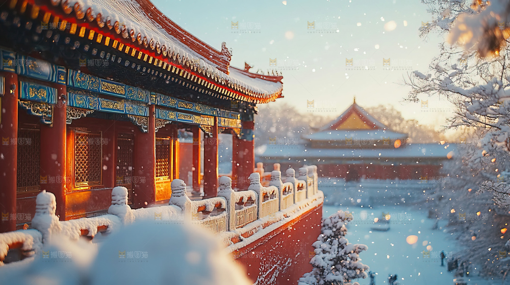 宫殿冬季飘雪新年传统建筑红墙