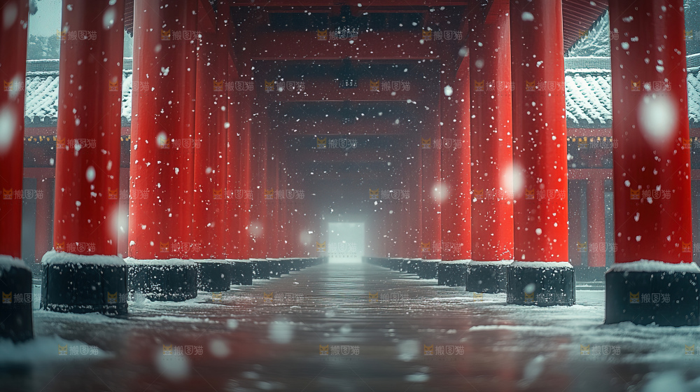 宫殿冬季飘雪新年传统建筑红墙