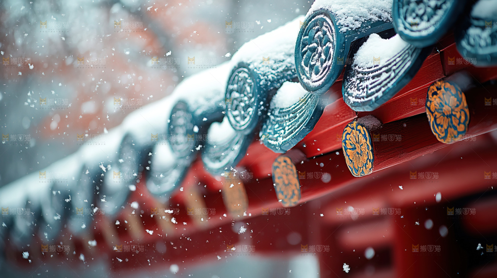 宫殿冬季飘雪新年传统建筑红墙