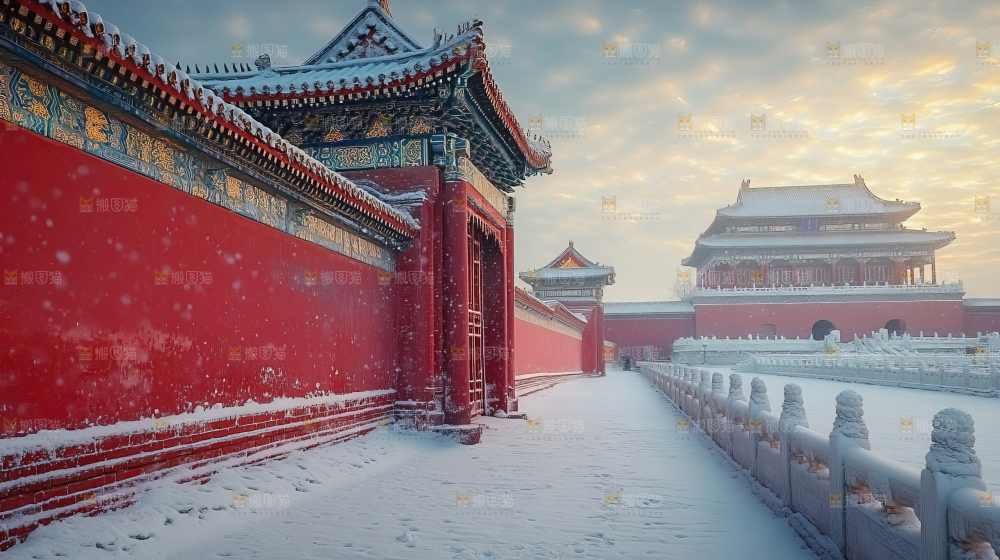 宫殿冬季飘雪新年传统建筑红墙