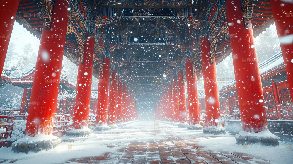 宫殿冬季飘雪新年传统建筑红墙